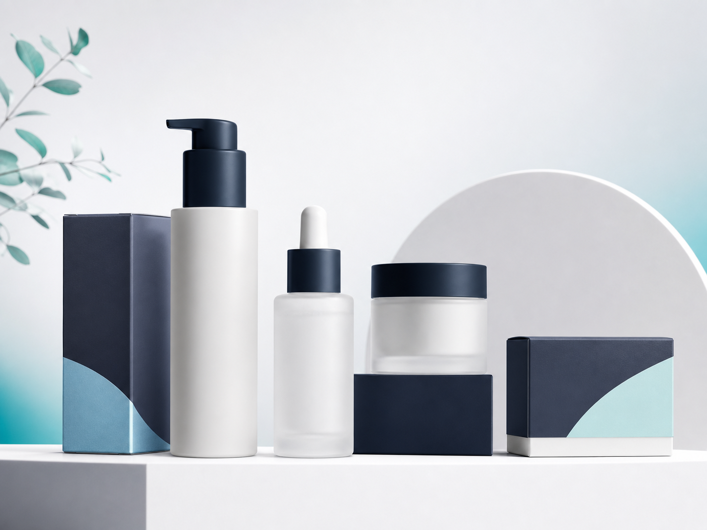Unbranded skincare routine product set with cleanser, serum, moisturizer, and retail packaging